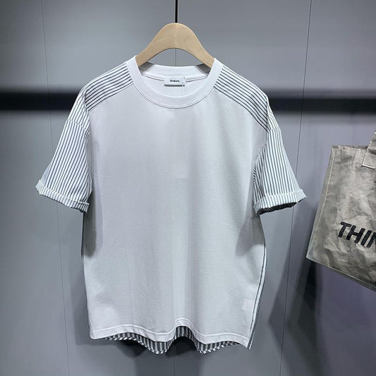 Men's Striped Stitching Short Sleeve T-shirt - AL MONI EXPRESS
