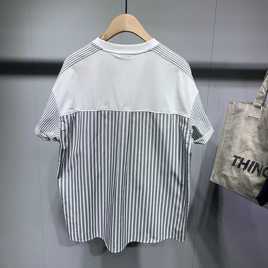 Men's Striped Stitching Short Sleeve T-shirt - AL MONI EXPRESS