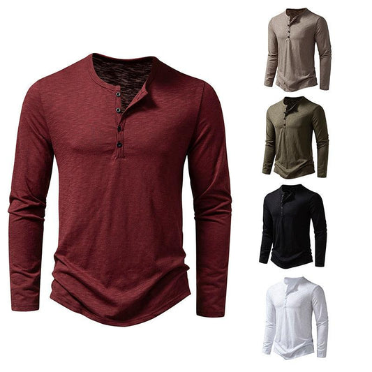 Mens Clothing Long Sleeve T-shirt Fashion Button Henry Collar Tops - AL MONI EXPRESS