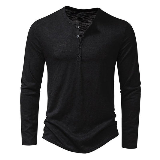 Mens Clothing Long Sleeve T-shirt Fashion Button Henry Collar Tops - AL MONI EXPRESS