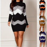 Mid-length Short Skirt Round Neck Long Sleeve Printed Knitted Sheath Dress - AL MONI EXPRESS