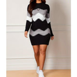 Mid-length Short Skirt Round Neck Long Sleeve Printed Knitted Sheath Dress - AL MONI EXPRESS