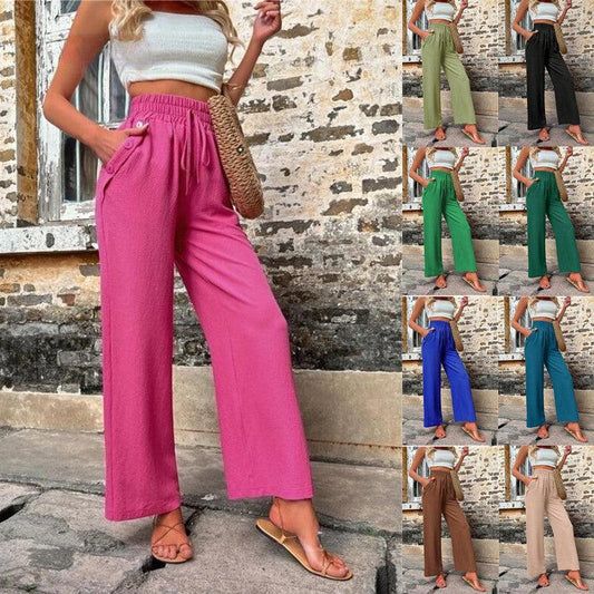 New Casual Pants With Pockets Elastic Drawstring High Waist Loose Trousers For Women - AL MONI EXPRESS