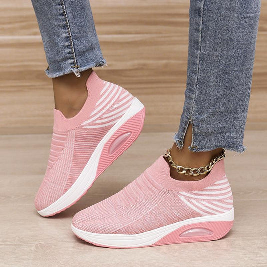 New Stripe Design Mesh Shoes Fashion Slip On Air Cushion Shoes Breathable Round-toe Flats Women - AL MONI EXPRESS