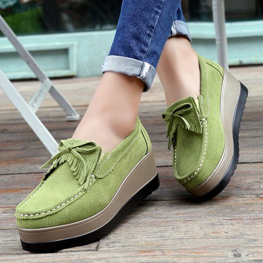 New Tassel Bow Design Shoes For Woman Fashion Thick Bottom Wedges Shoes Casual Slip On Solid Color Flats - AL MONI EXPRESS