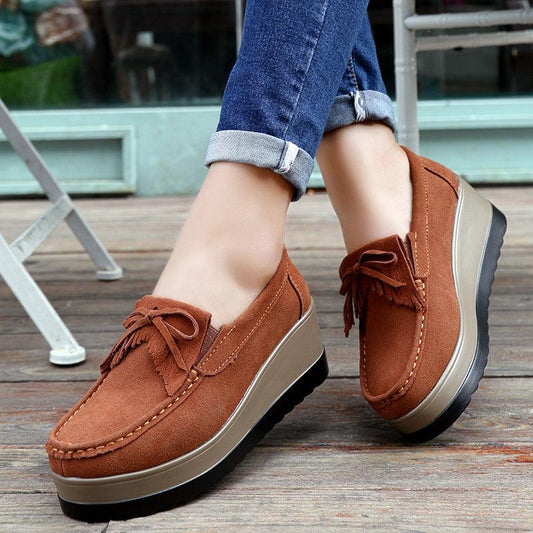 New Tassel Bow Design Shoes For Woman Fashion Thick Bottom Wedges Shoes Casual Slip On Solid Color Flats - AL MONI EXPRESS