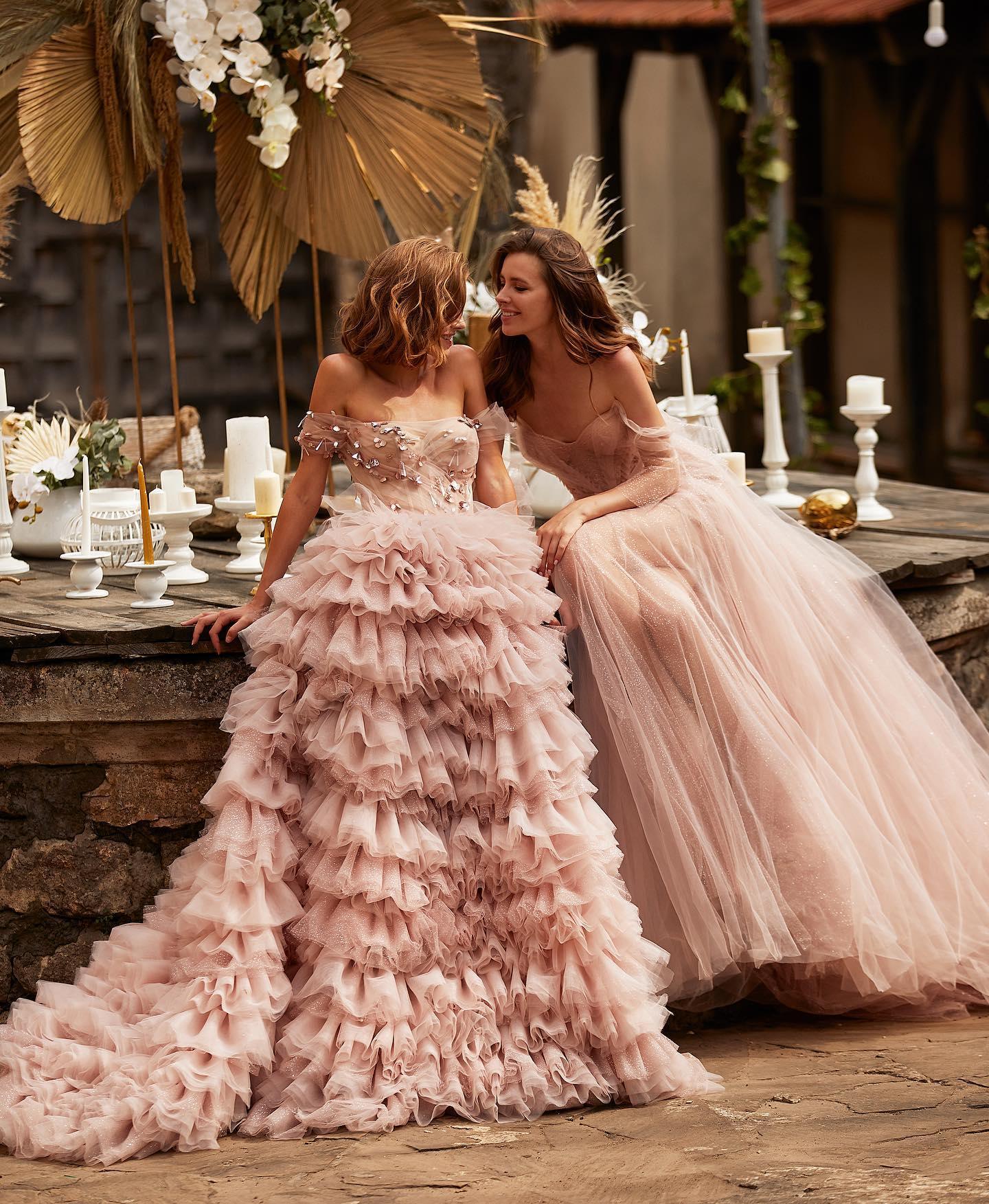 One-line Shoulder Wipe Chest Princess Studded Beaded Cake Skirt Pink Wedding Dress - Almoni Express