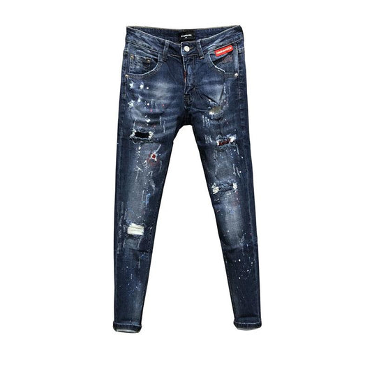 Painted Speckled Decoration Vintage Personalized Beggar Slim Fit Distressed Jeans - Almoni Express