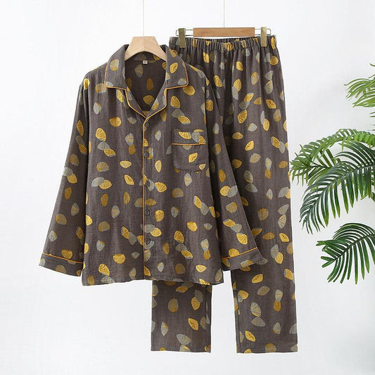 Pure Cotton Double-layer Sheer Men's Long Sleeved Jacquard Pajama Set - Almoni Express