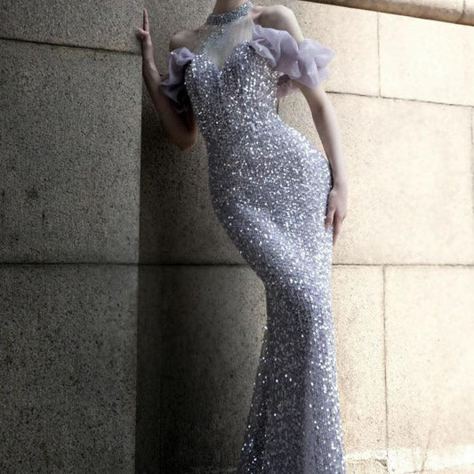 Purple Host Starry Sky Annual Meeting Beaded Toast Dress Halter Model Catwalk Fishtail - Almoni Express