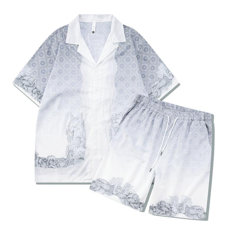 Retro Style Shirt Outfit Casual Silver White Stone Statue Printing - AL MONI EXPRESS