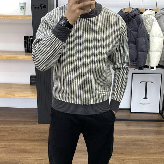 Round Neck Base Slim Fit Pullover Thick Plaid Sweater - Almoni Express