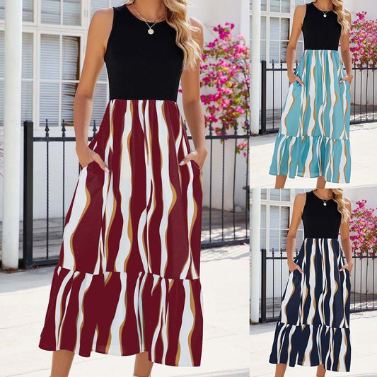 Round Neck Sleeveless Long Dress Summer Fashion Striped Print Dresses Womens Clothing - AL MONI EXPRESS