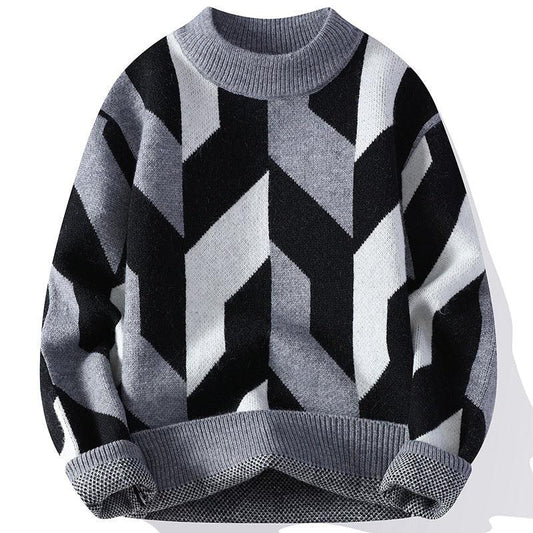 Round Neck Sweater Autumn And Winter Cool Contrast Color Sweater - Almoni Express