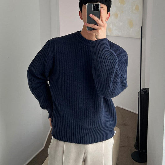 Round Neck Sweater For Men With Solid Color Base And Inner Layer Knit Shirt - Almoni Express