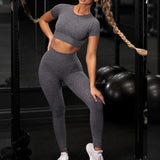 Seamless Yoga Sport Set Fitness Women Running Leggings Short Sleeve Tops - AL MONI EXPRESS