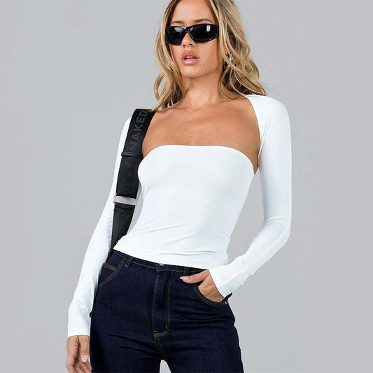 Sexy Tube Top Cinched Waist T-shirt Long Sleeve Tight Two-piece Blouse Women's Top - AL MONI EXPRESS