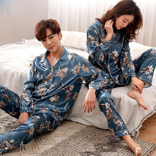 Silk Couple Pajamas Men And Women Long-Sleeved Summer Ice Silk Thin Casual - Almoni Express