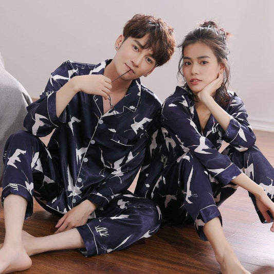 Silk Couple Pajamas Men And Women Long-Sleeved Summer Ice Silk Thin Casual - Almoni Express