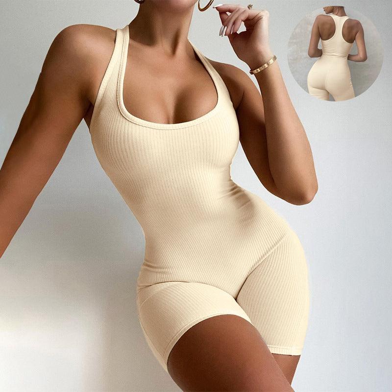 Sleeveless Backless Jumpsuit Colid Color Fitness Sports Yoga Leggings Shorts Bodysuits Women Slim Yoga One Piece Rompers - AL MONI EXPRESS