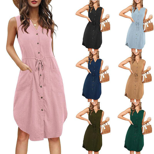 Sleeveless V-neck Buttoned Dress With Pockets Fashion Casual Waist Tie Design Summer Dress Womens Clothing - AL MONI EXPRESS