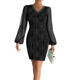 Slimming V-neck Dress Women Fashion Long Sleeve Solid Color Short Dress - AL MONI EXPRESS