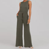 Solid Color Jumpsuit Sleeveless Tops Tie Elastic Pants Romper - AL MONI EXPRESS