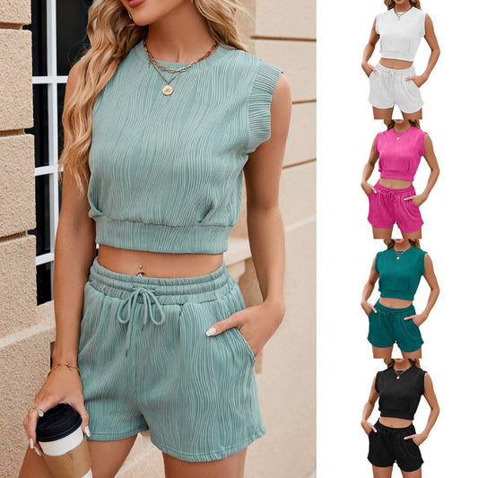 Solid Color Wave Pattern Design Suit For Women Casual Round Neck Sleeveless Top And Drawstring Design Shorts Fashion 2-piece Set Summer Clothing - AL MONI EXPRESS