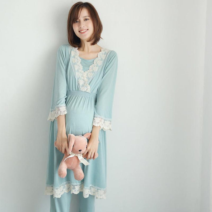 spring and autumn new Japanese maternity dress pregnant women breastfeeding clothes month clothes postpartum home service lace pajamas set - Almoni Express