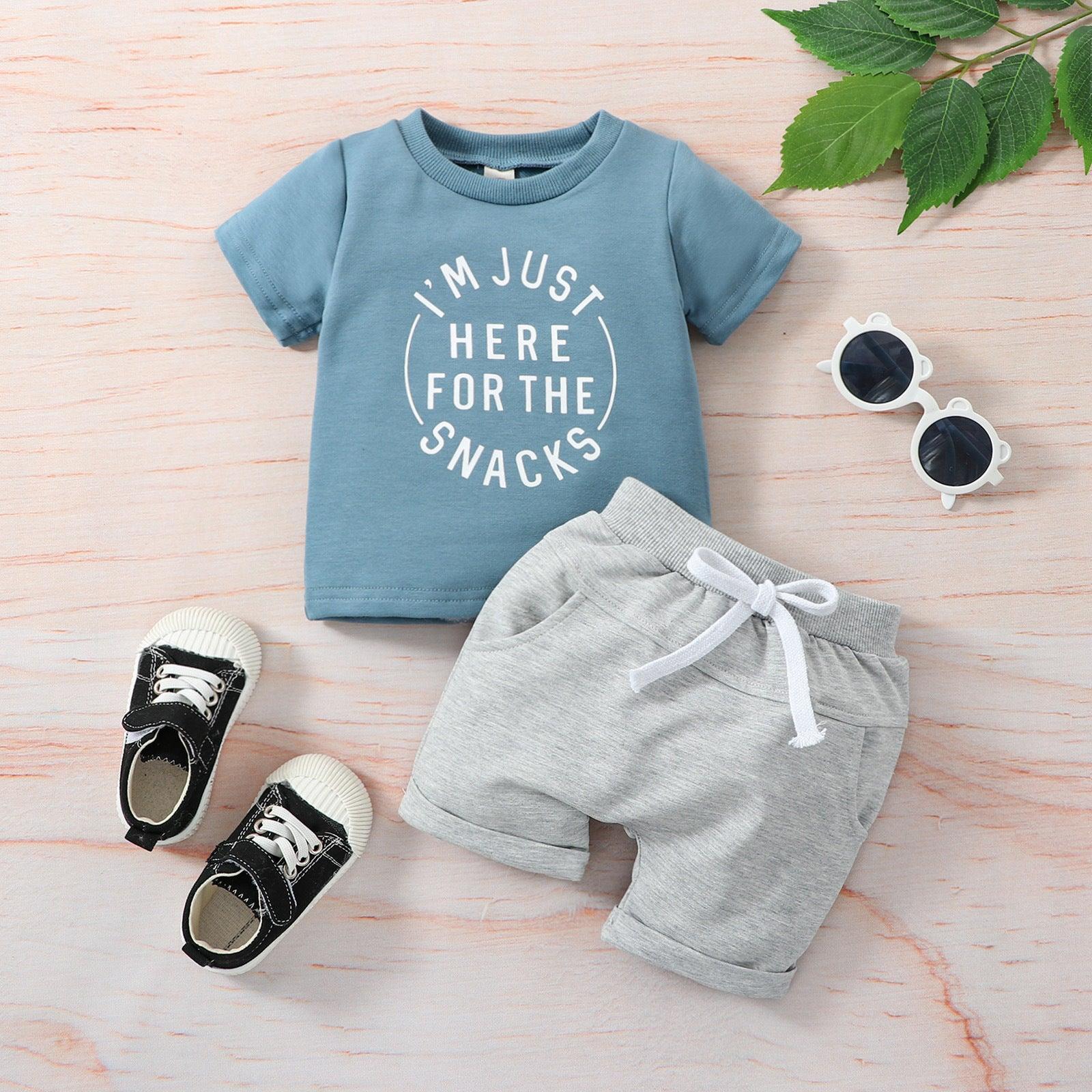 Spring And Summer Wear Western Style Baby Clothes Shirt Printed Letters Solid Color Shorts - Almoni Express