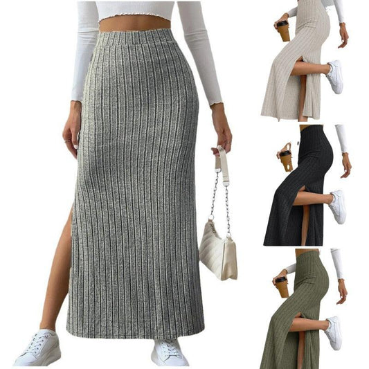 Spring Long Skirt High Waist Side Slit Slim Fit Knitted Women's Dress - AL MONI EXPRESS