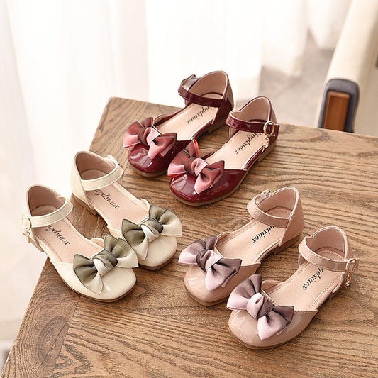 spring new children's shoes girls soft bottom sandals bow princess shoes baby single shoes bag leather shoes - Almoni Express