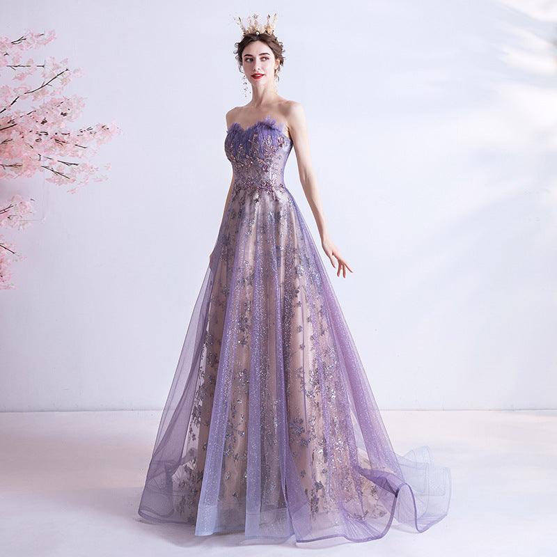 Strapless Purple Sequin Starry Dress Wedding Dress - Almoni Express
