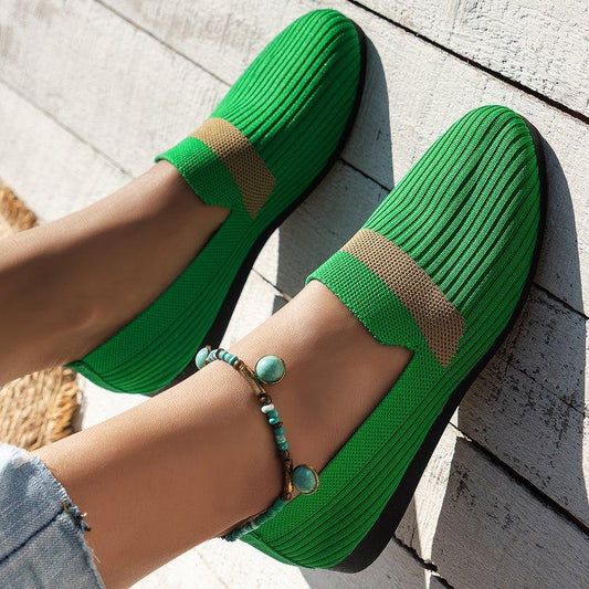 Stripe Design Mesh Flat Shoes New Fashion Casual Breathable Slip On Solid Color Round-toe Shoes For Women - AL MONI EXPRESS