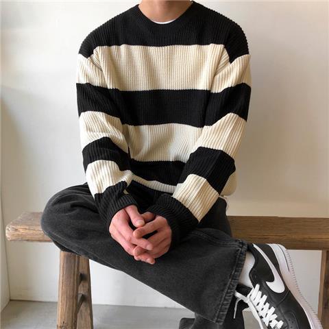 Striped Crewneck Sweater Men's Style Loose And Lazy Wind - Almoni Express