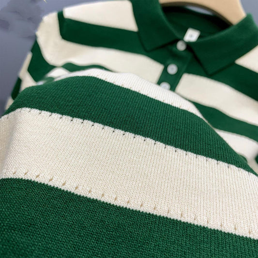 Striped Ice Silk Knitted Polo Shirt Men's Short Sleeve Thin Style Lapel T-shirt Men's Half Sleeve - AL MONI EXPRESS