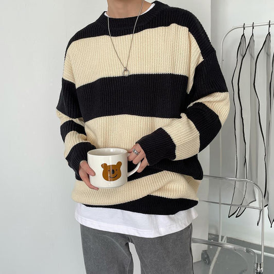 Striped Round Neck Men's Autumn And Winter Loose And Lazy Style Sweater - Almoni Express