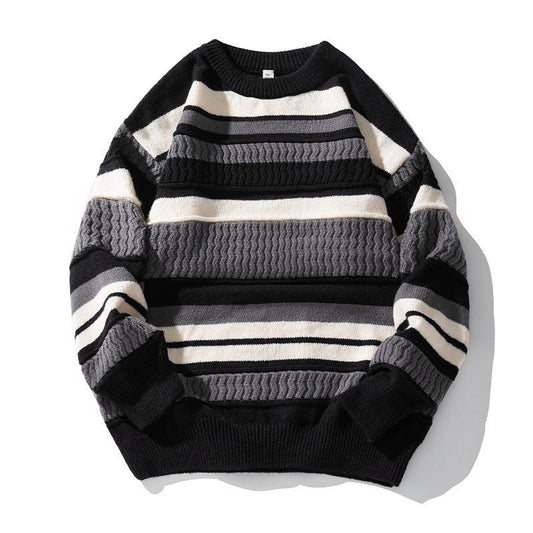 Striped Twisted Patchwork Round Neck Sweater For Men - Almoni Express