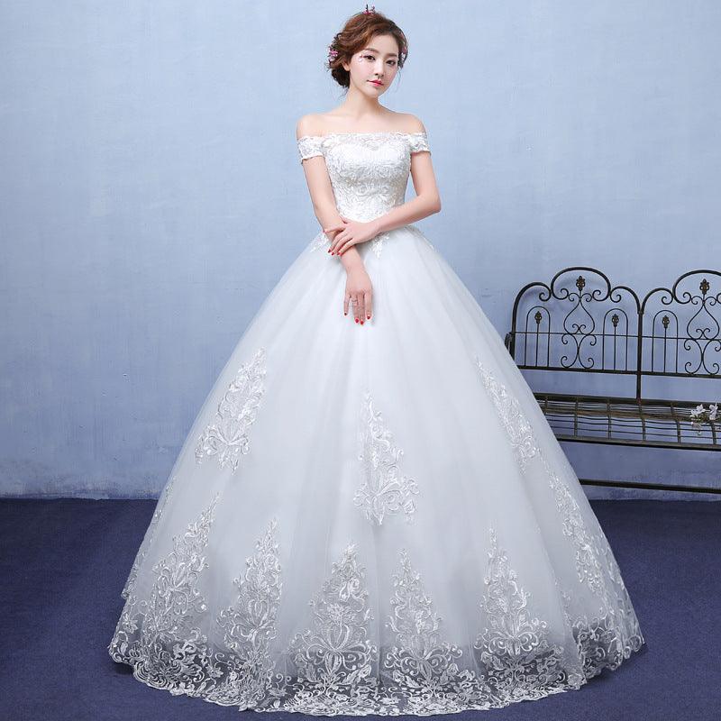 summer paragraph white word shoulder wedding dress lace wedding bride wedding dress wholesale custom - Almoni Express