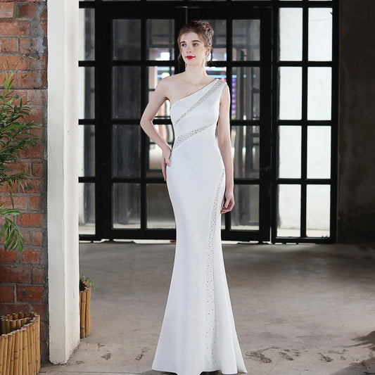 Toast Dress Bride Long One-shoulder Thank You Banquet Slim Fishtail Skirt - Almoni Express