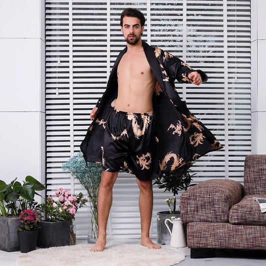 Two-piece Suit Of Dragon Pattern Bathrobe Silk Nightgown And Short Pajama Pants - Almoni Express