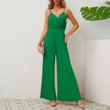 V-neck Suspender Pleated Jumpsuit Solid Color Loose Straight Pants Womens Clothing - AL MONI EXPRESS