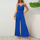 V-neck Suspender Pleated Jumpsuit Solid Color Loose Straight Pants Womens Clothing - AL MONI EXPRESS