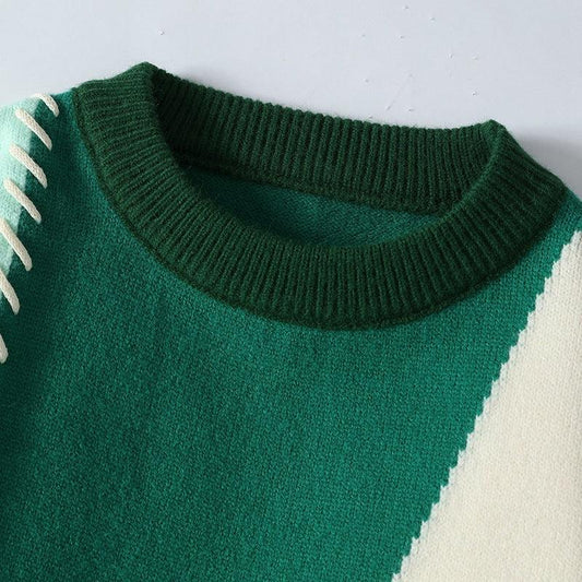 Vintage Sweater Men's Color Contrast Patchwork Round Neck Loose Knitted Sweater - Almoni Express