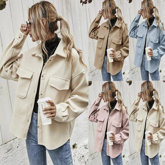 Winter Coat Women Lapel Single-breasted Thickened Solid Color Jacket Woolen Loose Short Coat For Women Fashion Outwear Clothing - Almoni Express