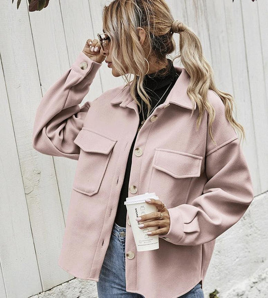 Winter Coat Women Lapel Single-breasted Thickened Solid Color Jacket Woolen Loose Short Coat For Women Fashion Outwear Clothing - Almoni Express