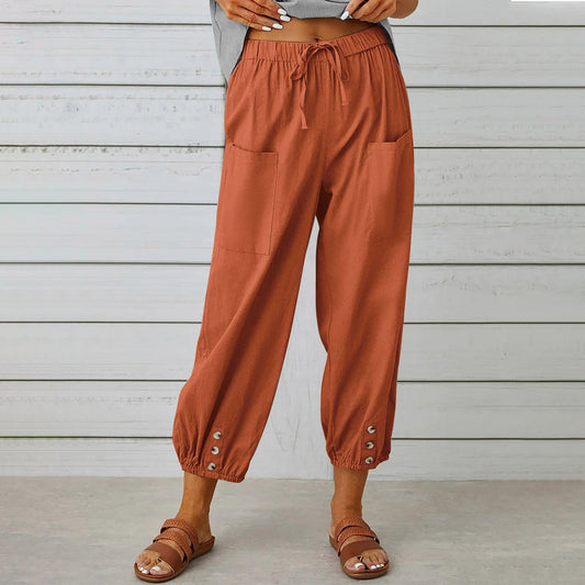 Women Drawstring Tie Pants Spring Summer Cotton And Linen Trousers With Pockets Button - AL MONI EXPRESS