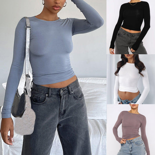 Women's Clothing Fashion Slim Long-sleeved Pullovers Tops Solid Causal Fit Shirts - AL MONI EXPRESS