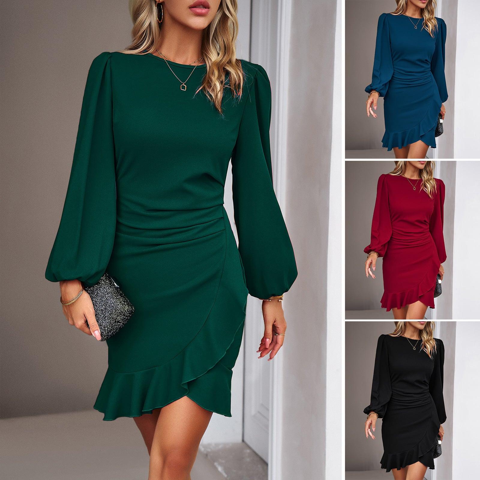 Women's Puff Long Sleeve Fashion Graceful Solid Color Slim Hip-covering Short Dress Womens Clothing - AL MONI EXPRESS