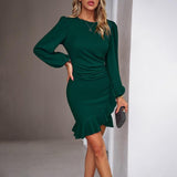 Women's Puff Long Sleeve Fashion Graceful Solid Color Slim Hip-covering Short Dress Womens Clothing - AL MONI EXPRESS